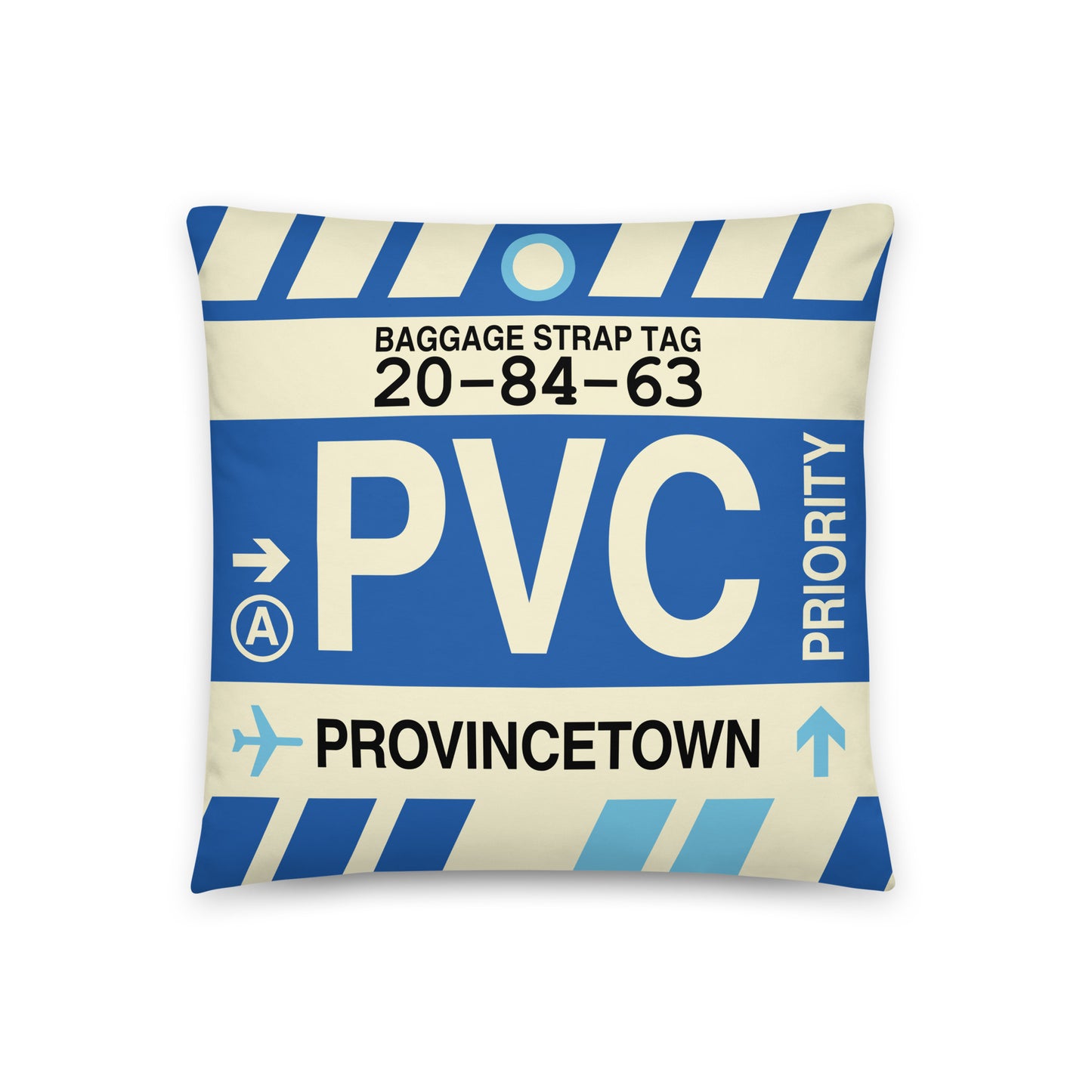 PVC Provincetown Throw Pillow • Jet Age Baggage Tag Design • YHM Designs - Image 01