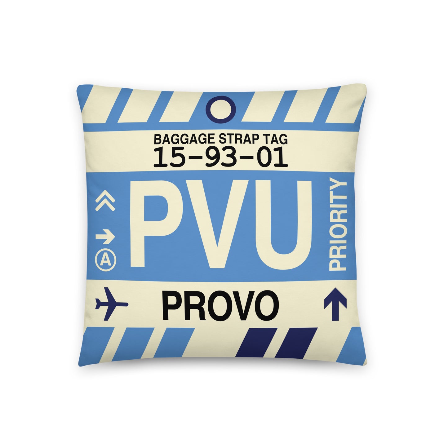 PVU Provo Throw Pillow • Jet Age Baggage Tag Design • YHM Designs - Image 01
