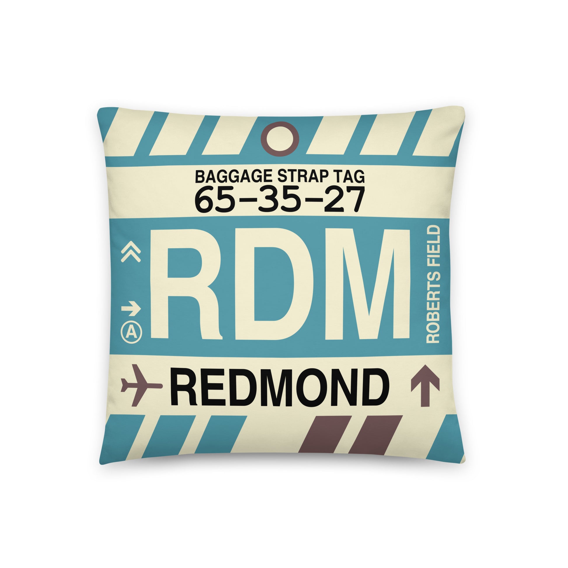 RDM Redmond Throw Pillow • Jet Age Baggage Tag Design • YHM Designs - Image 01