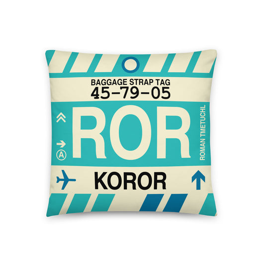 ROR Koror Throw Pillow • Jet Age Baggage Tag Design • YHM Designs - Image 01