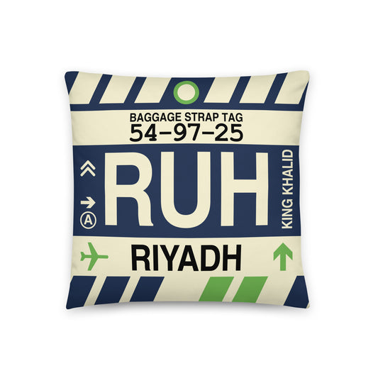 RUH Riyadh Throw Pillow • Jet Age Baggage Tag Design • YHM Designs - Image 01