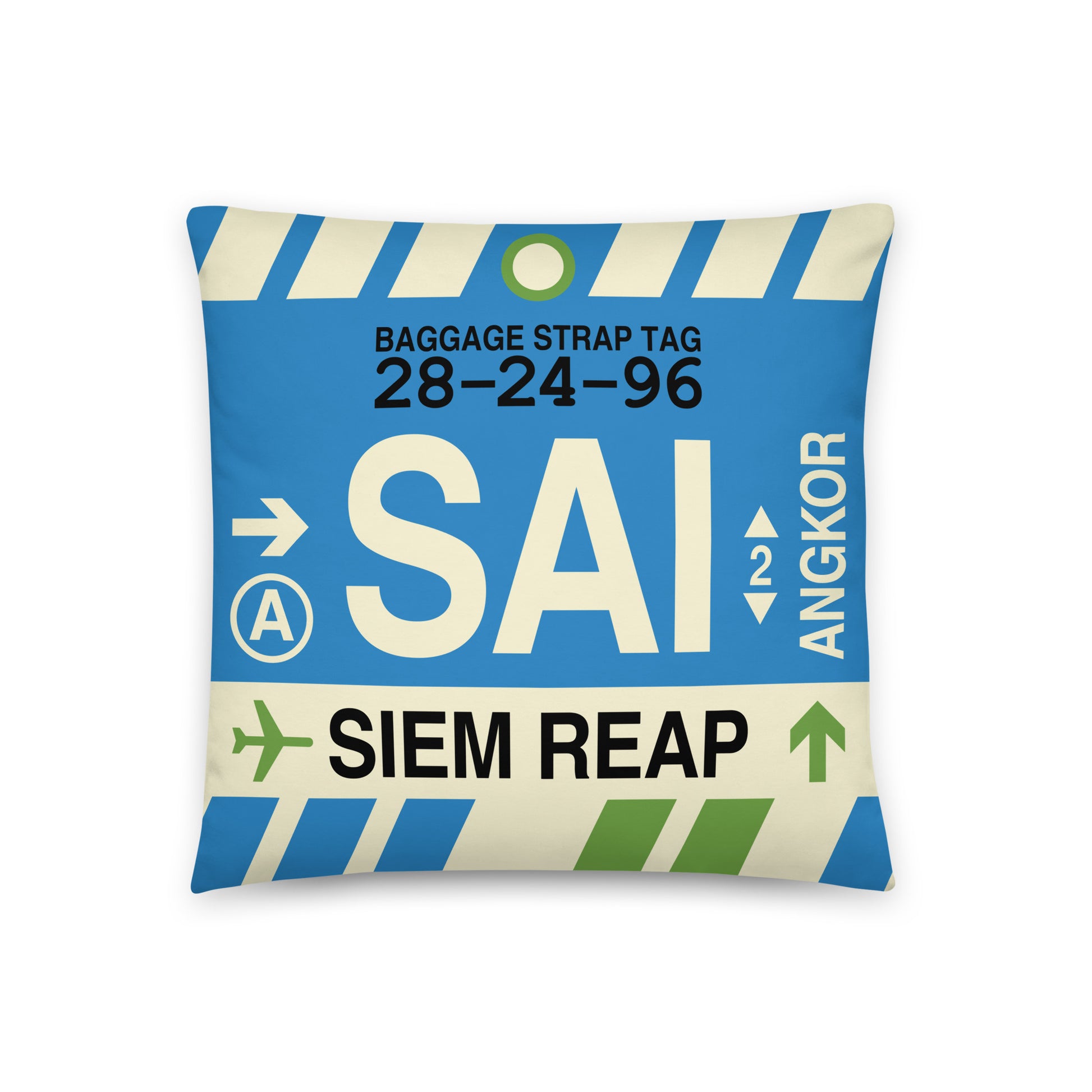 SAI Siem Reap-Angkor Throw Pillow • Jet Age Baggage Tag Design • YHM Designs - Image 01