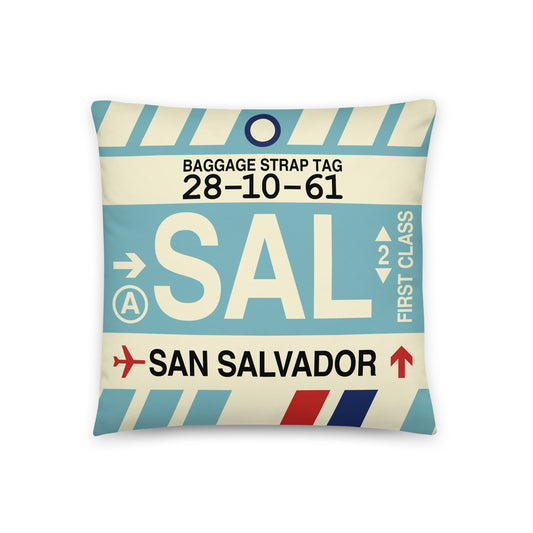 SAL San Salvador Throw Pillow • Jet Age Baggage Tag Design • YHM Designs - Image 01