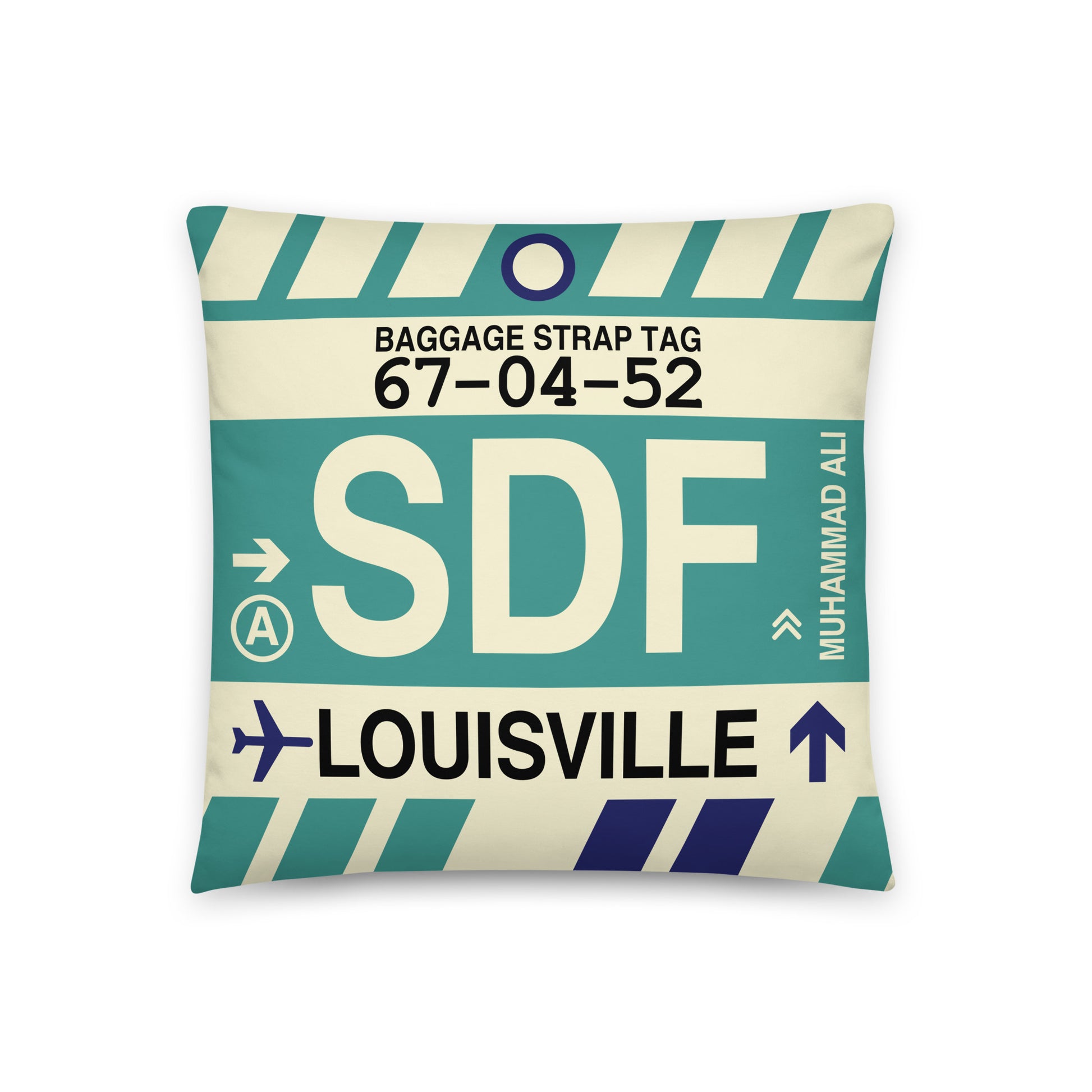 SDF Louisville Throw Pillow • Jet Age Baggage Tag Design • YHM Designs - Image 01