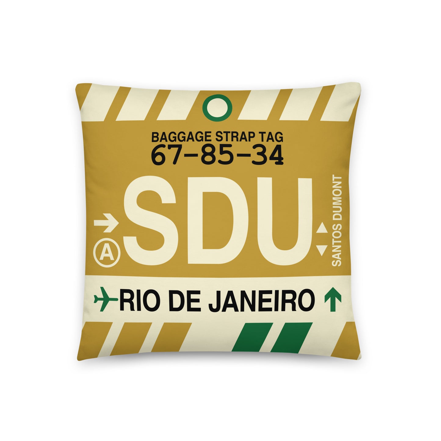SDU Rio de Janeiro Throw Pillow • Jet Age Baggage Tag Design • YHM Designs - Image 01