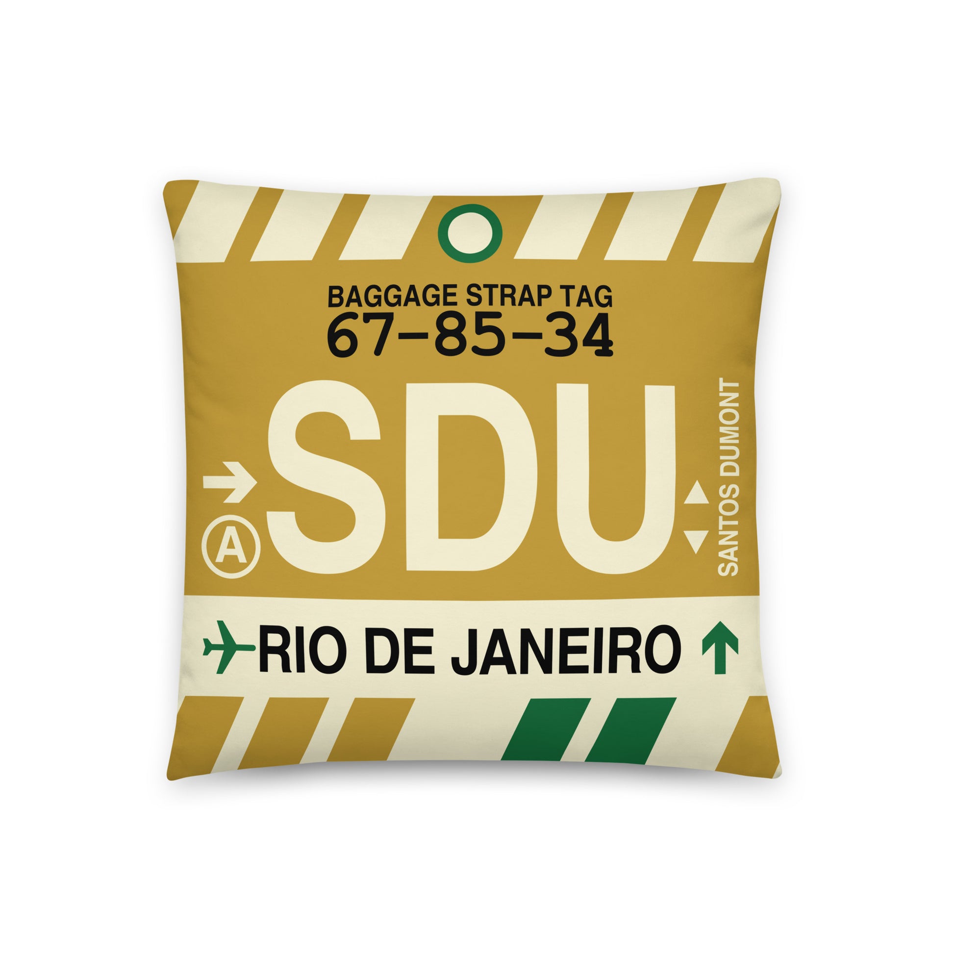 SDU Rio de Janeiro Throw Pillow • Jet Age Baggage Tag Design • YHM Designs - Image 01