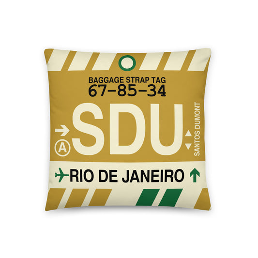 SDU Rio de Janeiro Throw Pillow • Jet Age Baggage Tag Design • YHM Designs - Image 01