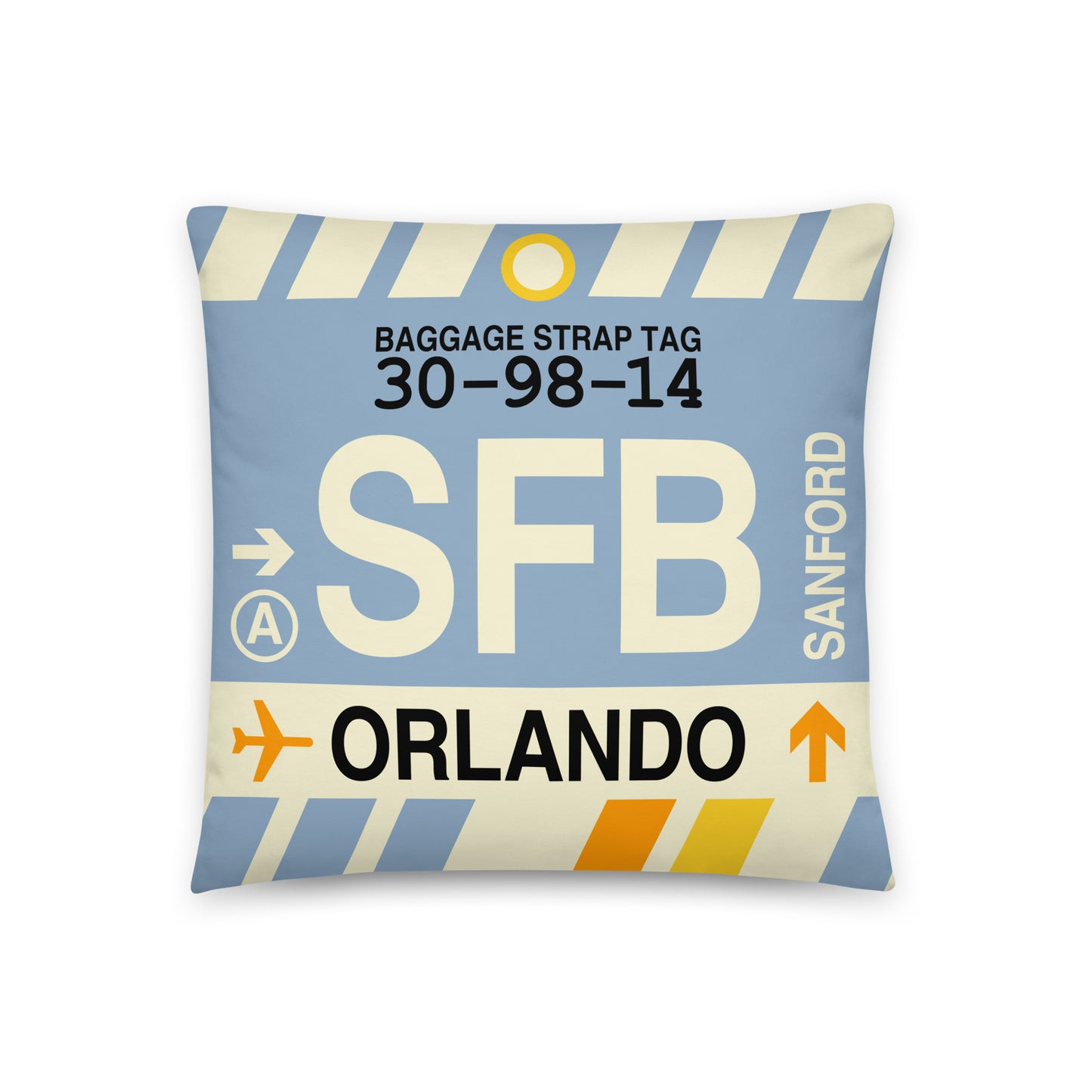 SFB Orlando Throw Pillow • Jet Age Baggage Tag Design • YHM Designs - Image 01