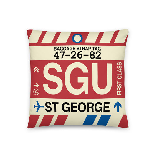 SGU St. George Throw Pillow • Jet Age Baggage Tag Design • YHM Designs - Image 01