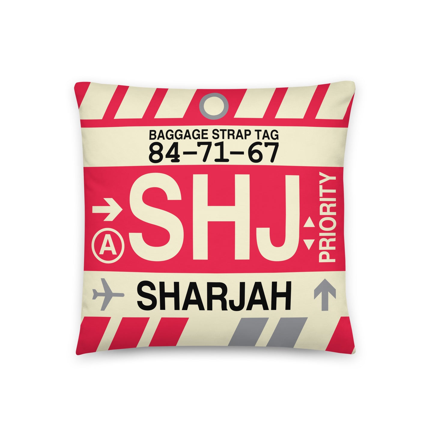 SHJ Sharjah Throw Pillow • Jet Age Baggage Tag Design • YHM Designs - Image 01