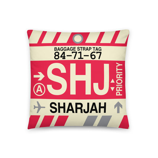 SHJ Sharjah Throw Pillow • Jet Age Baggage Tag Design • YHM Designs - Image 01