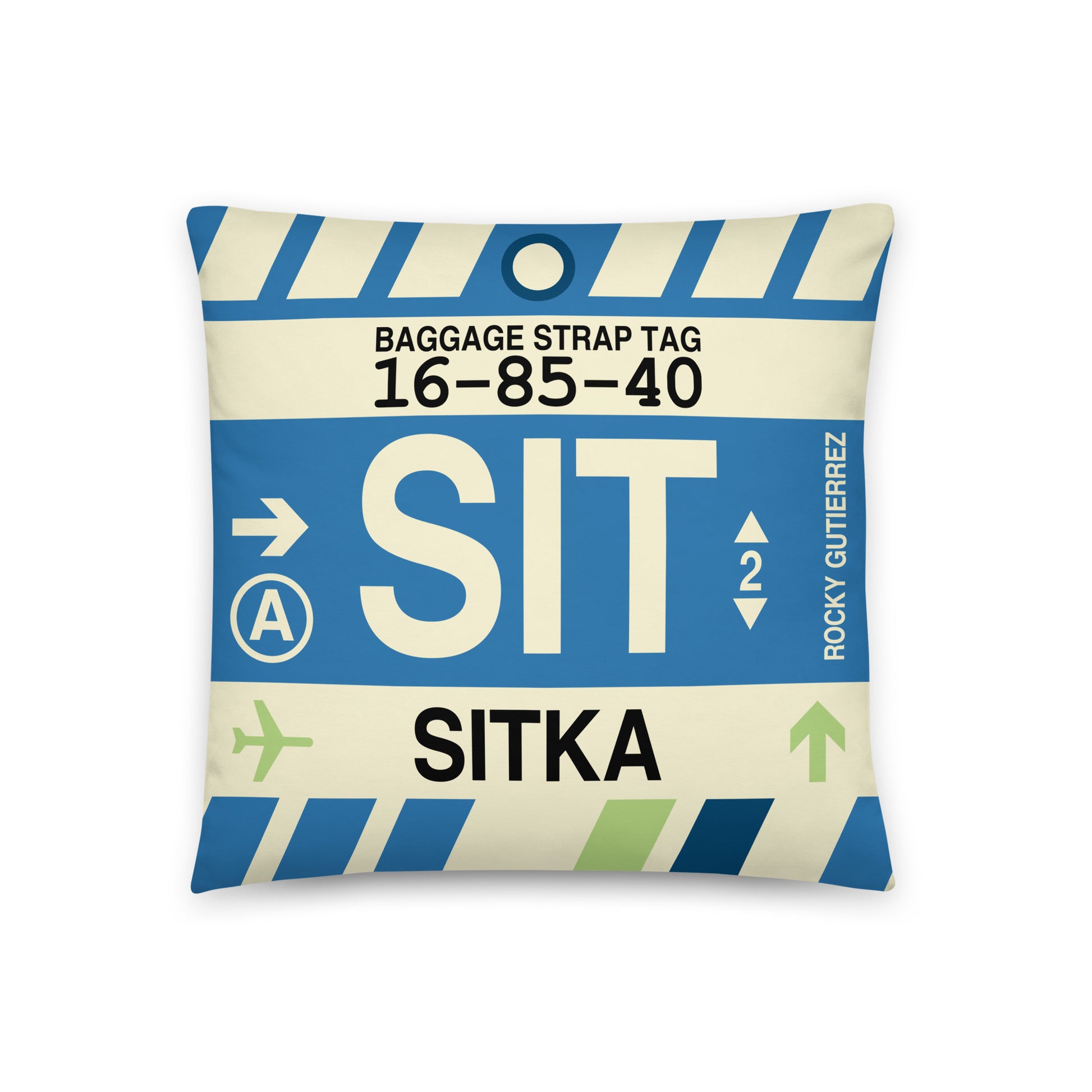 SIT Sitka Throw Pillow • Jet Age Baggage Tag Design • YHM Designs - Image 01