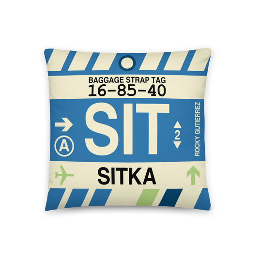 SIT Sitka Throw Pillow • Jet Age Baggage Tag Design • YHM Designs - Image 01