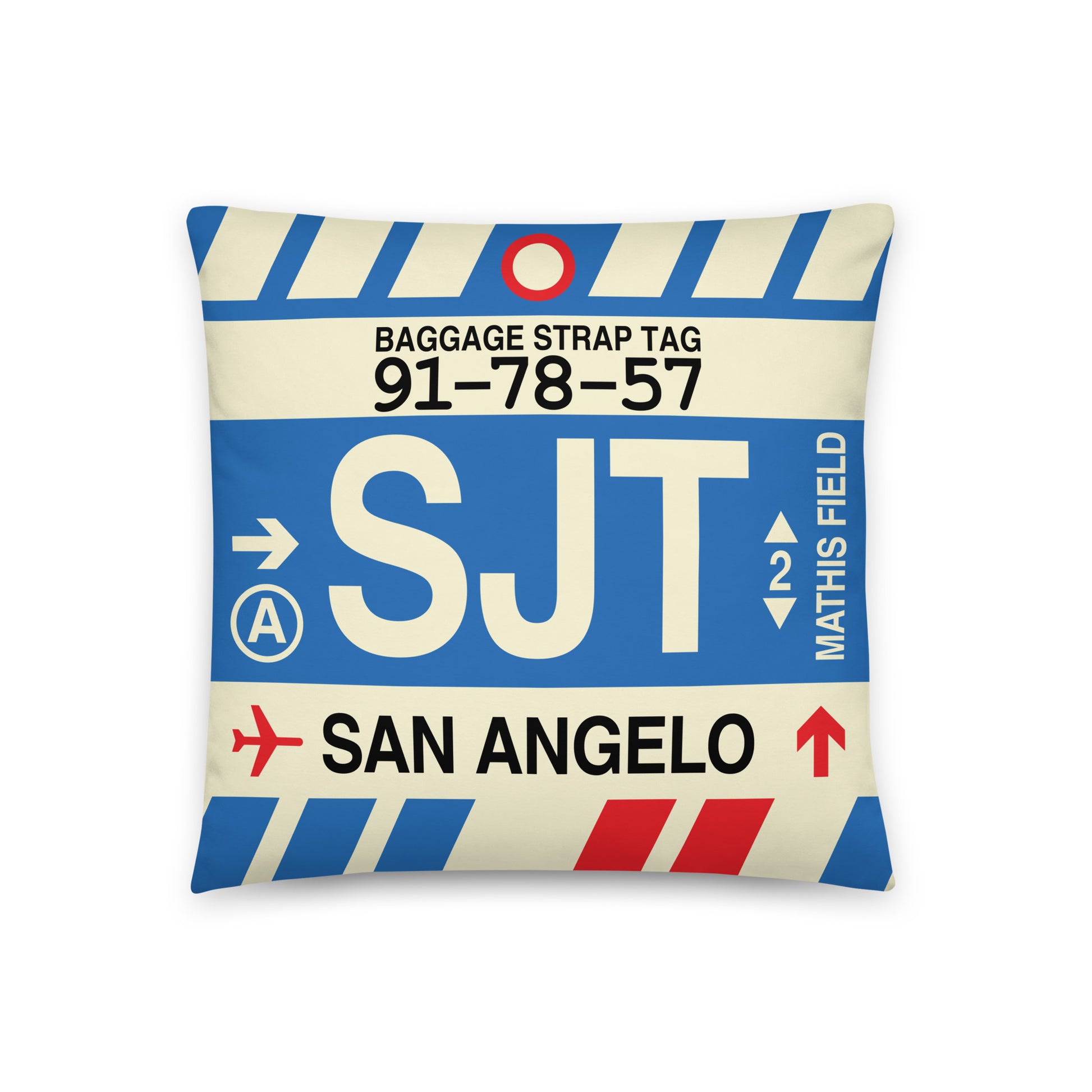 SJT San Angelo Throw Pillow • Jet Age Baggage Tag Design • YHM Designs - Image 01