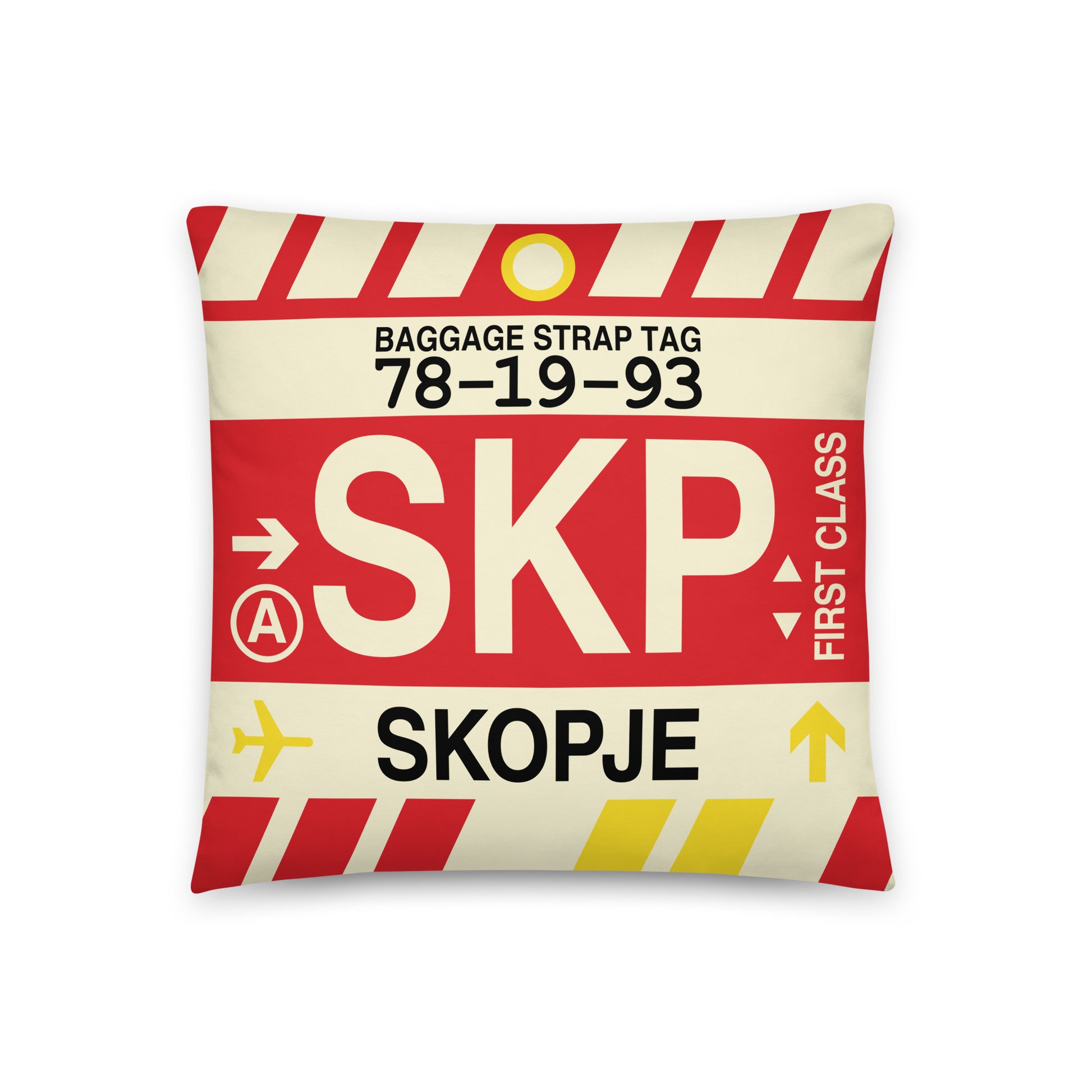 SKP Skopje Throw Pillow • Jet Age Baggage Tag Design • YHM Designs - Image 01
