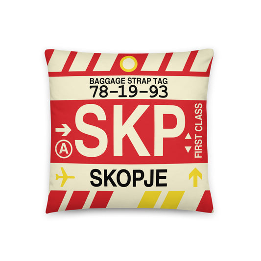 SKP Skopje Throw Pillow • Jet Age Baggage Tag Design • YHM Designs - Image 01