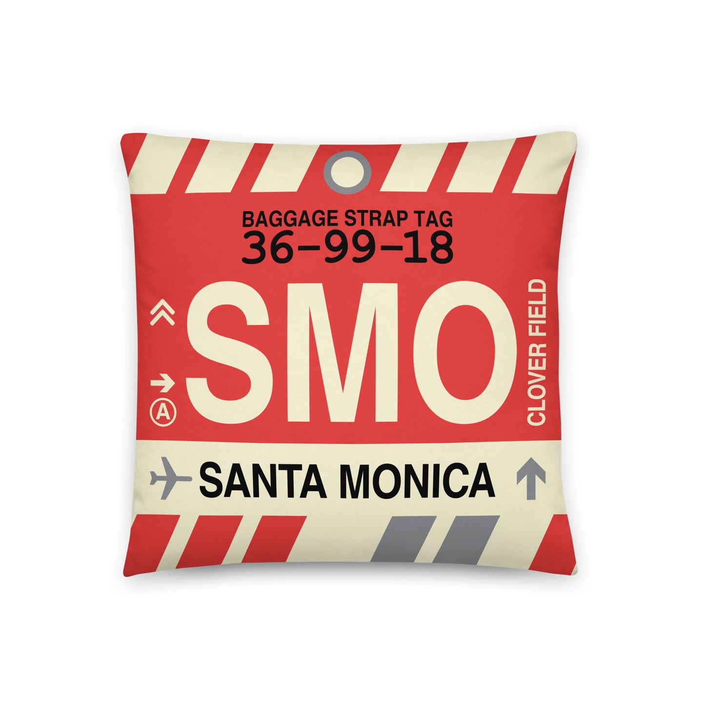 SMO Santa Monica Throw Pillow • Jet Age Baggage Tag Design • YHM Designs - Image 01