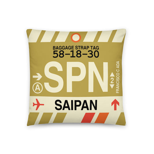 SPN Saipan Throw Pillow • Jet Age Baggage Tag Design • YHM Designs - Image 01