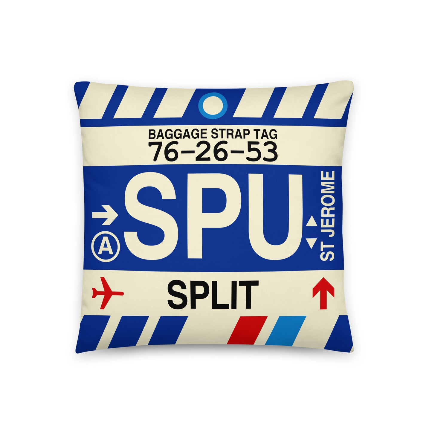 SPU Split Throw Pillow • Jet Age Baggage Tag Design • YHM Designs - Image 01
