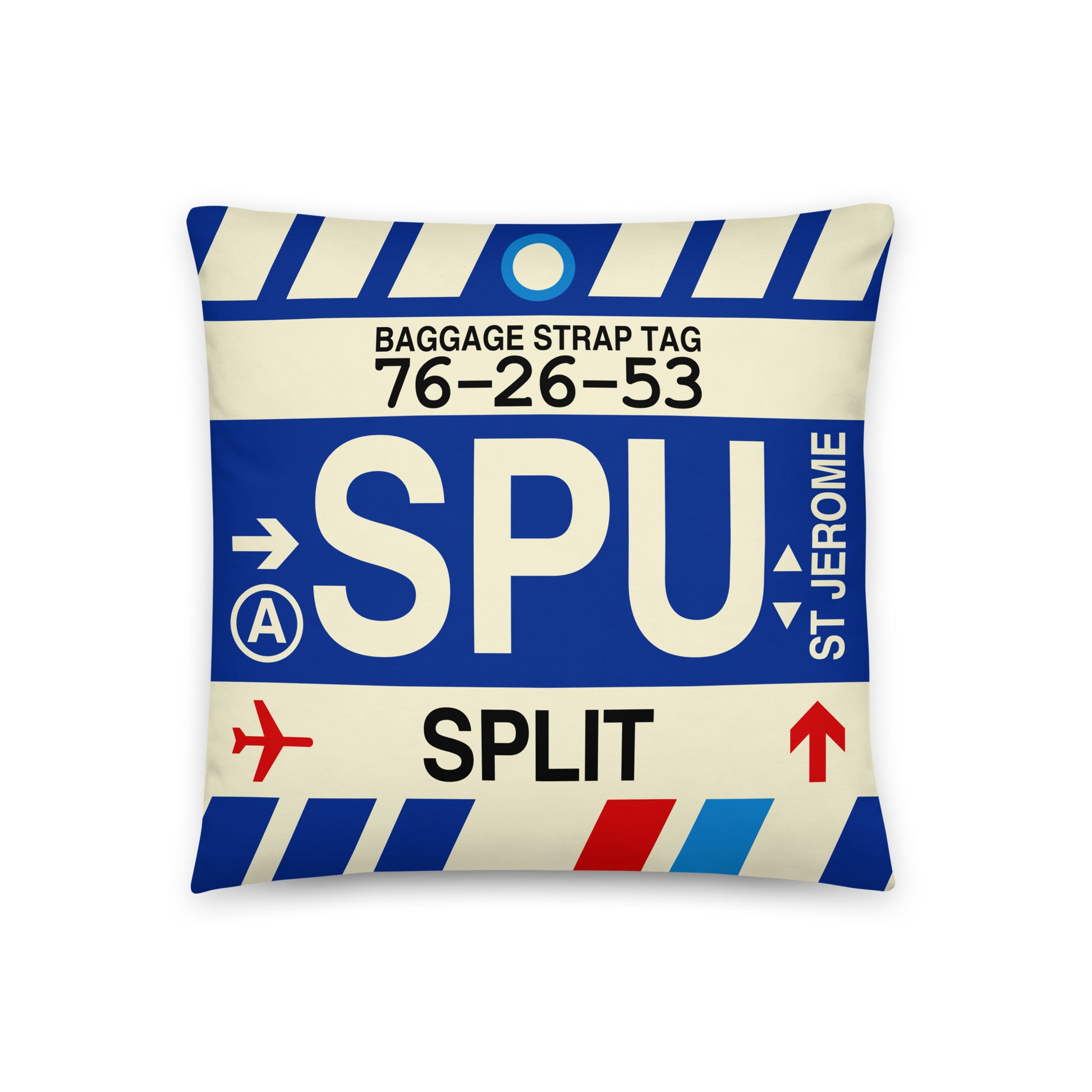 SPU Split Throw Pillow • Jet Age Baggage Tag Design • YHM Designs - Image 01