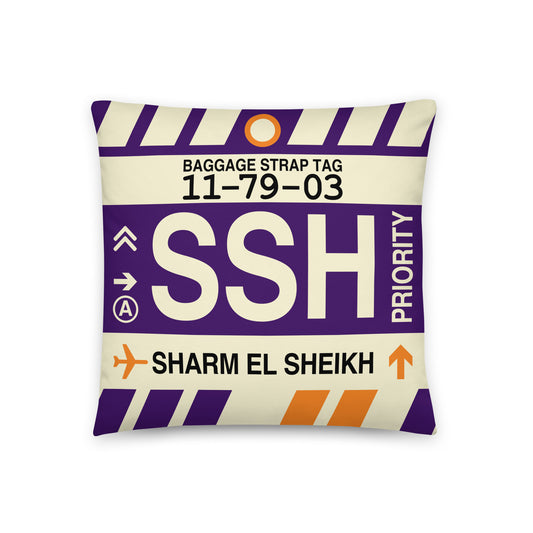 SSH Sharm el-Sheikh Throw Pillow • Jet Age Baggage Tag Design • YHM Designs - Image 01