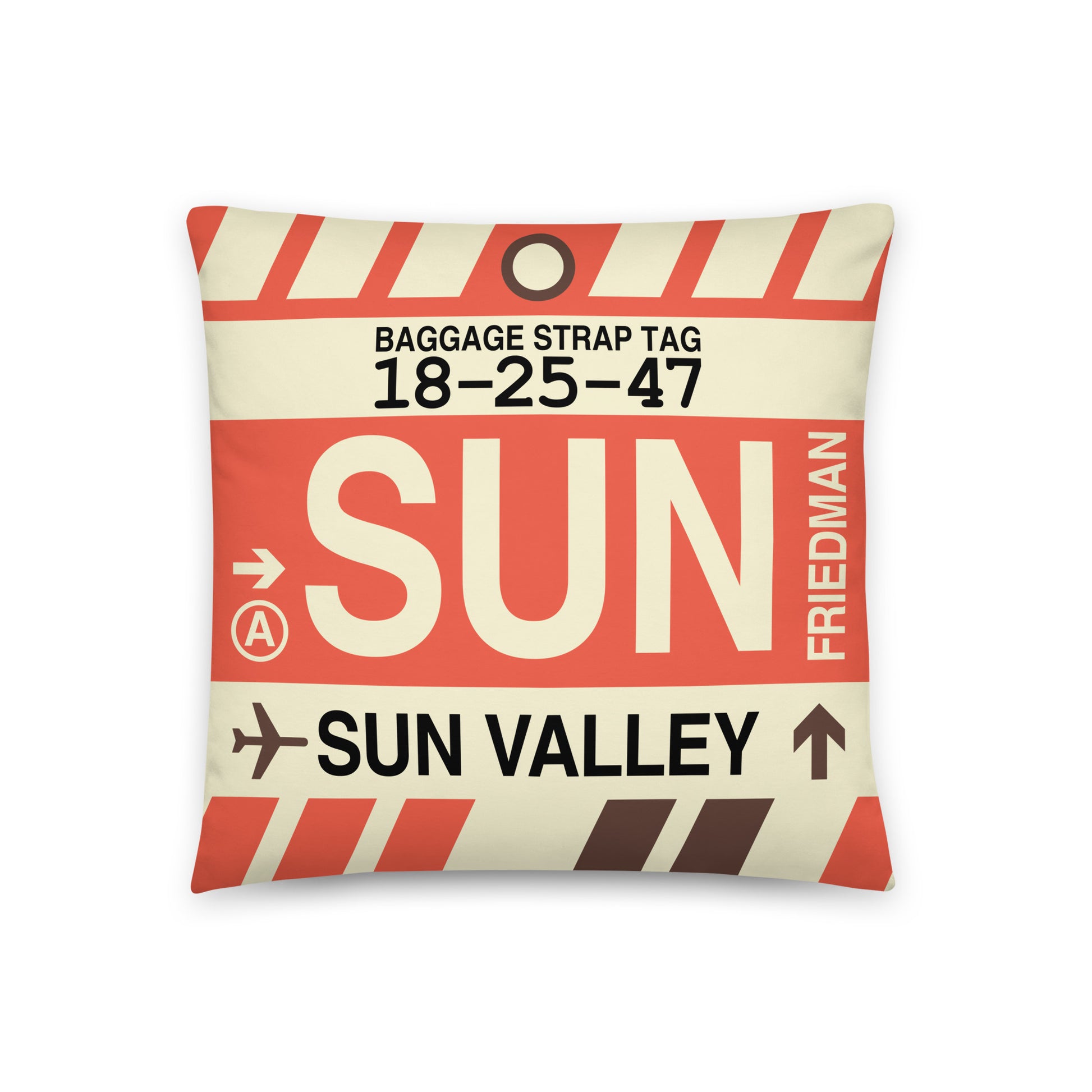 SUN Sun Valley Throw Pillow • Jet Age Baggage Tag Design • YHM Designs - Image 01