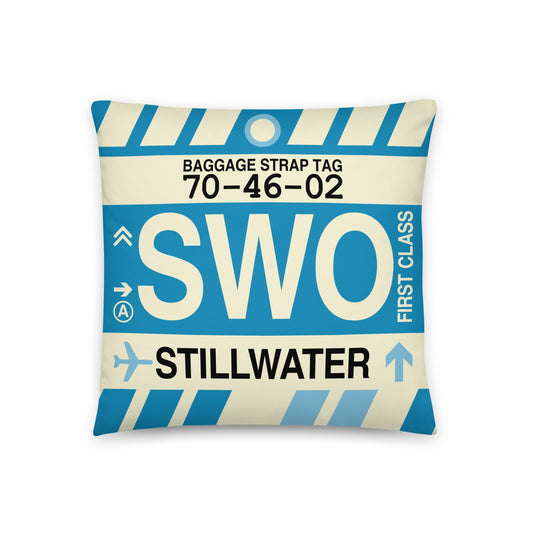 SWO Stillwater Throw Pillow • Jet Age Baggage Tag Design • YHM Designs - Image 01