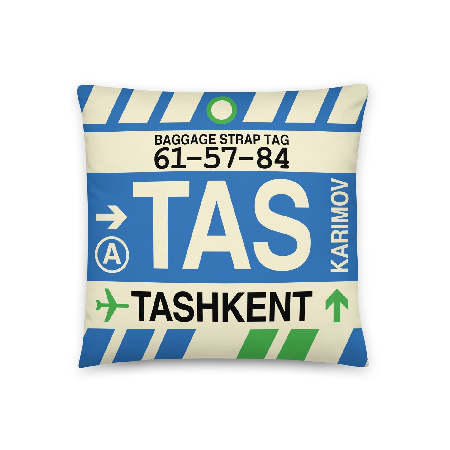 TAS Tashkent Throw Pillow • Jet Age Baggage Tag Design • YHM Designs - Image 01