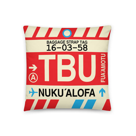TBU Nuku'alofa Throw Pillow • Jet Age Baggage Tag Design • YHM Designs - Image 01