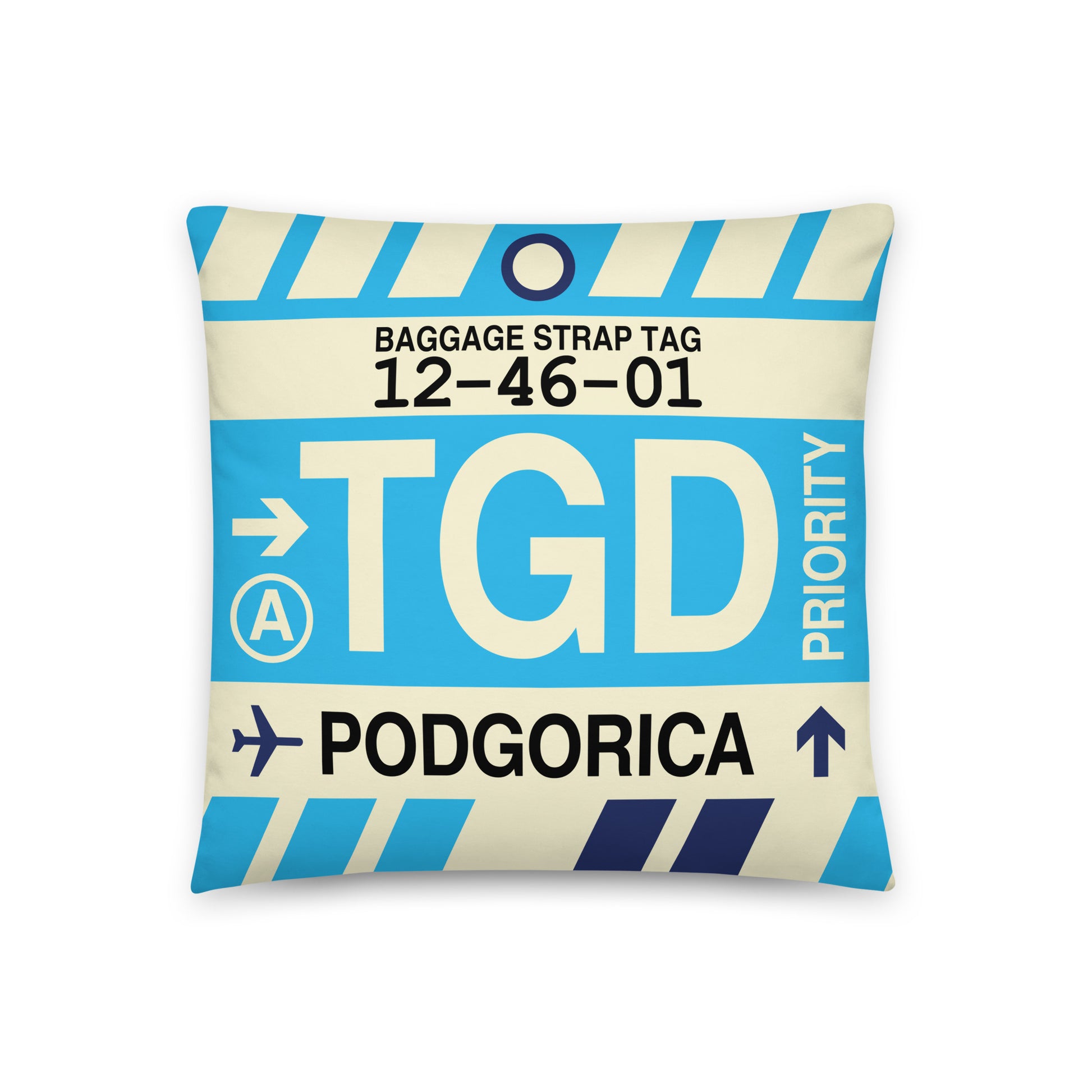 TGD Podgorica Throw Pillow • Jet Age Baggage Tag Design • YHM Designs - Image 01