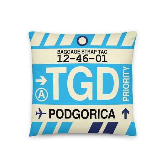 TGD Podgorica Throw Pillow • Jet Age Baggage Tag Design • YHM Designs - Image 01