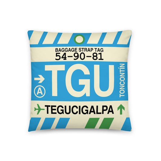 TGU Tegucigalpa Throw Pillow • Jet Age Baggage Tag Design • YHM Designs - Image 01