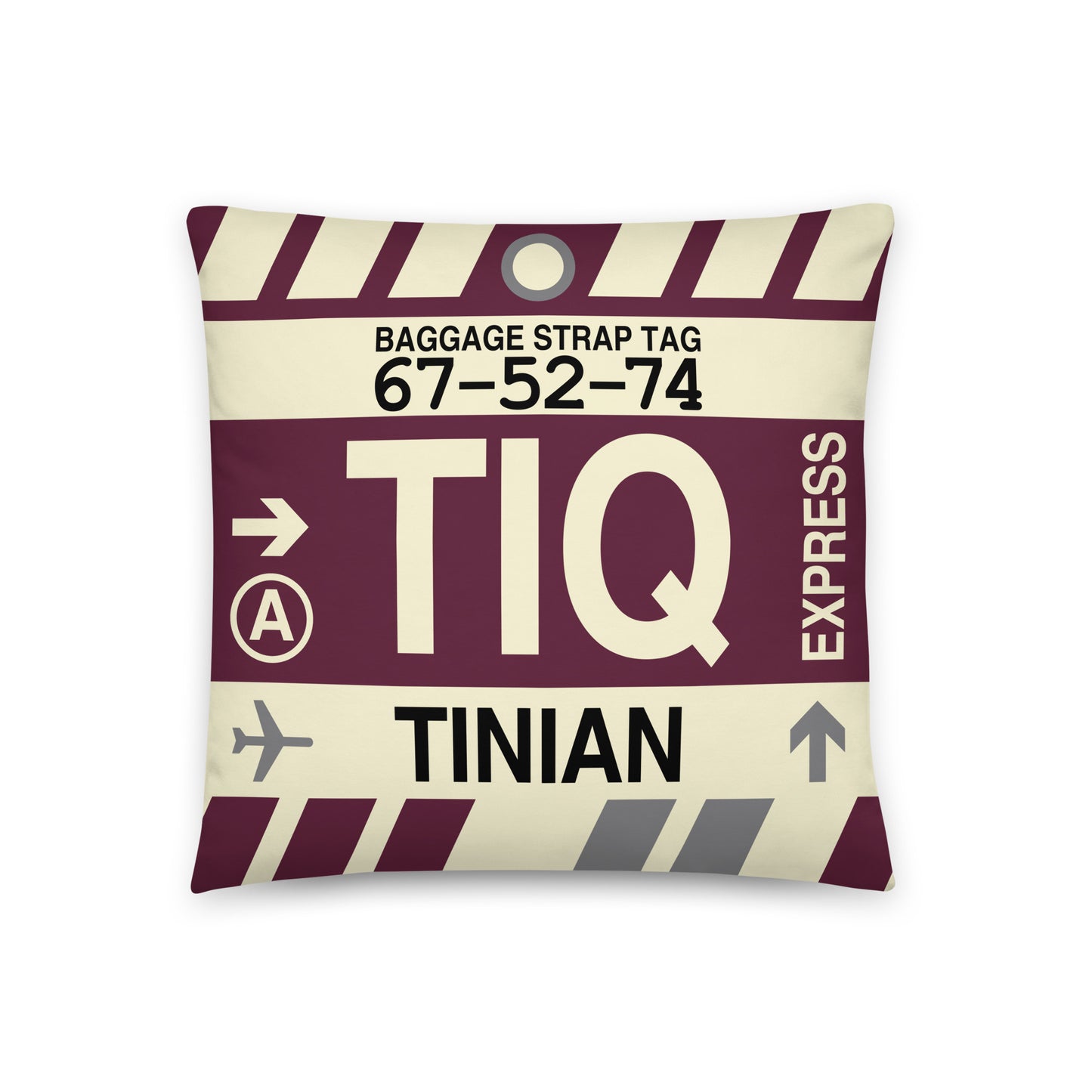 TIQ Tinian Throw Pillow • Jet Age Baggage Tag Design • YHM Designs - Image 01