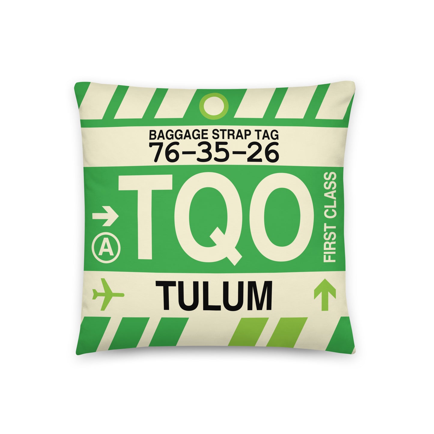 TQO Tulum Throw Pillow • Jet Age Baggage Tag Design • YHM Designs - Image 01