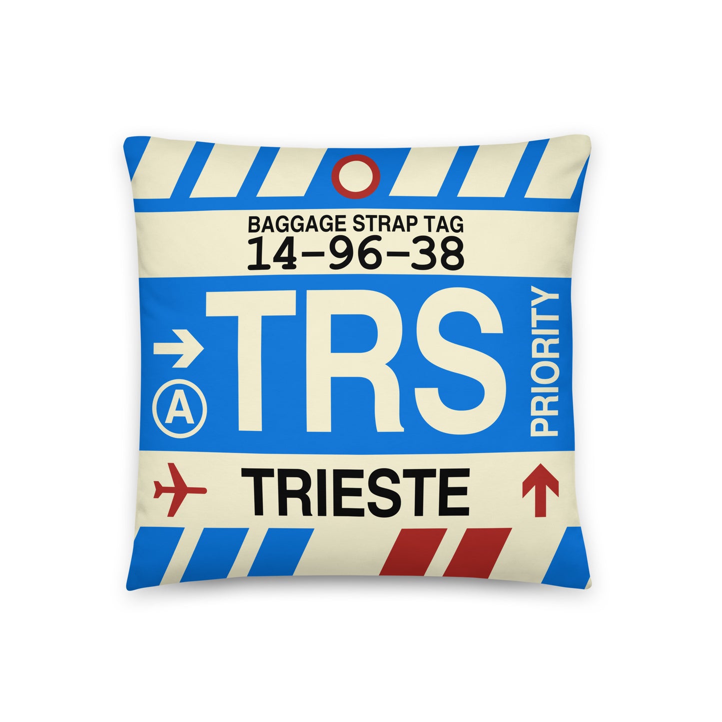 TRS Trieste Throw Pillow • Jet Age Baggage Tag Design • YHM Designs - Image 01