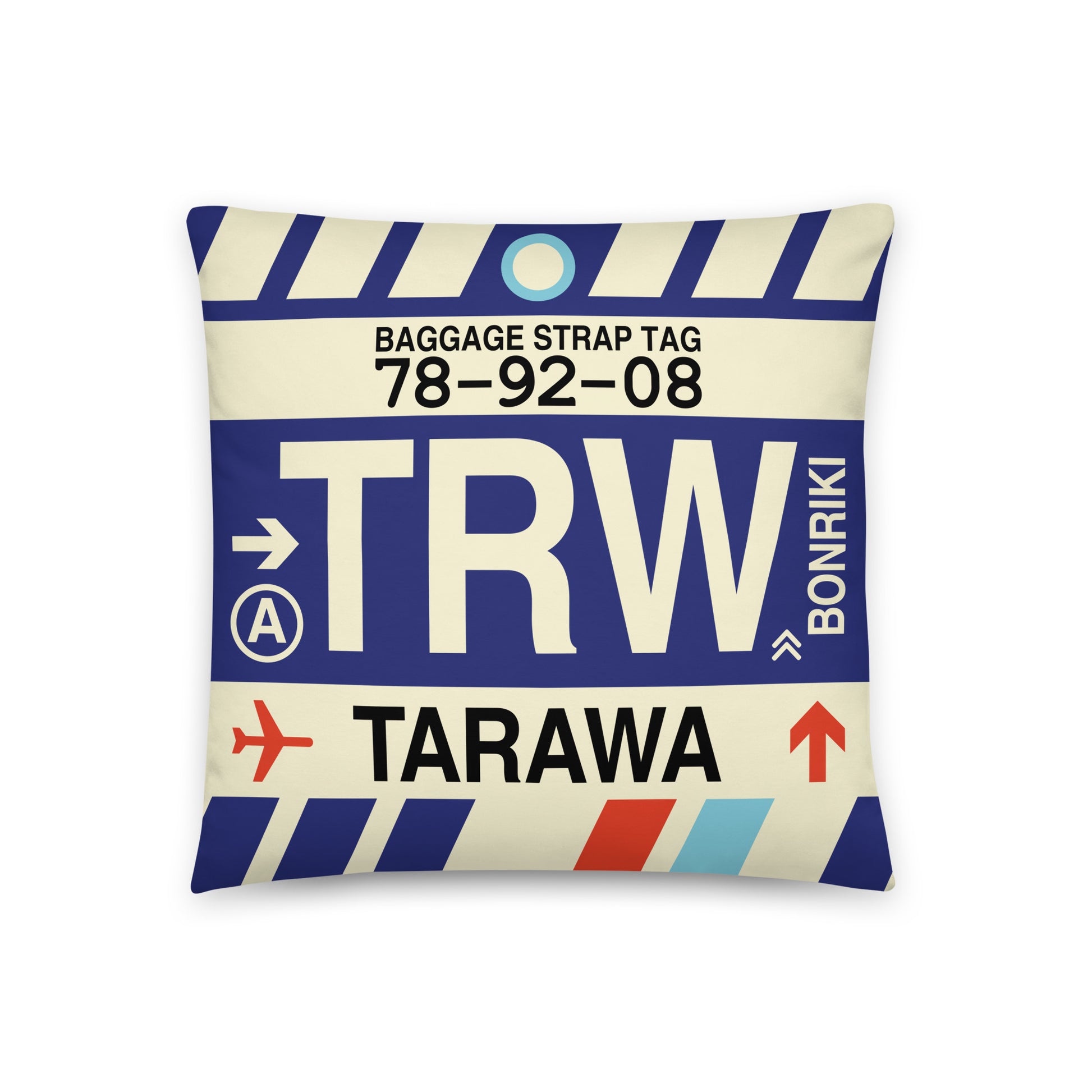 TRW Tarawa Throw Pillow • Jet Age Baggage Tag Design • YHM Designs - Image 01