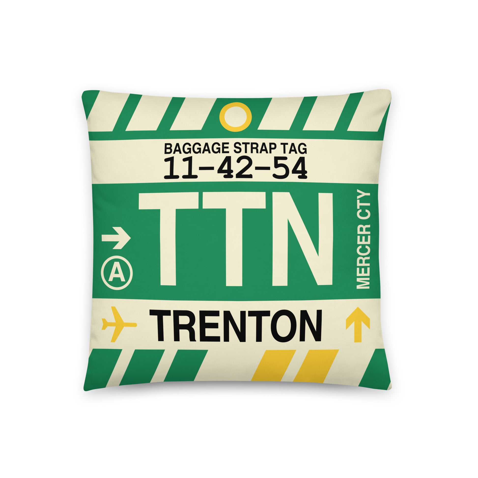 TTN Trenton Throw Pillow • Jet Age Baggage Tag Design • YHM Designs - Image 01