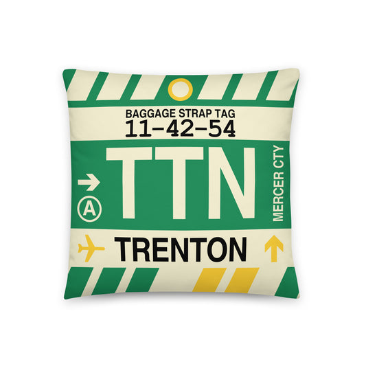 TTN Trenton Throw Pillow • Jet Age Baggage Tag Design • YHM Designs - Image 01