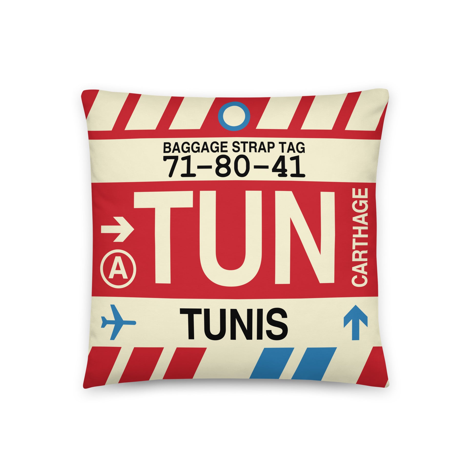 TUN Tunis Throw Pillow • Jet Age Baggage Tag Design • YHM Designs - Image 01