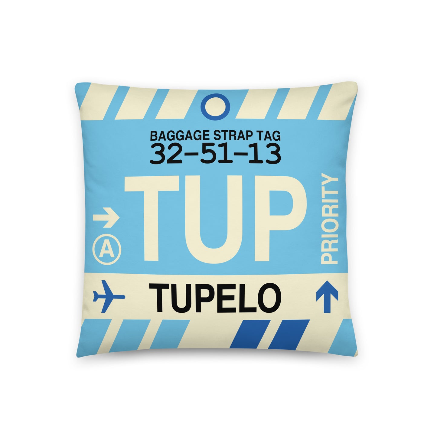TUP Tupelo Throw Pillow • Jet Age Baggage Tag Design • YHM Designs - Image 01