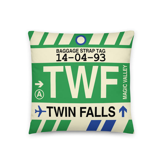 TWF Twin Falls Throw Pillow • Jet Age Baggage Tag Design • YHM Designs - Image 01