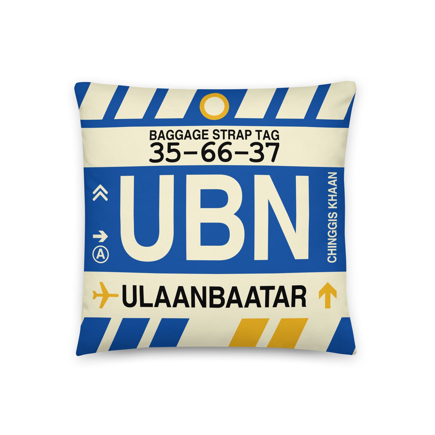 UBN Ulaanbaatar Throw Pillow • Jet Age Baggage Tag Design • YHM Designs - Image 01