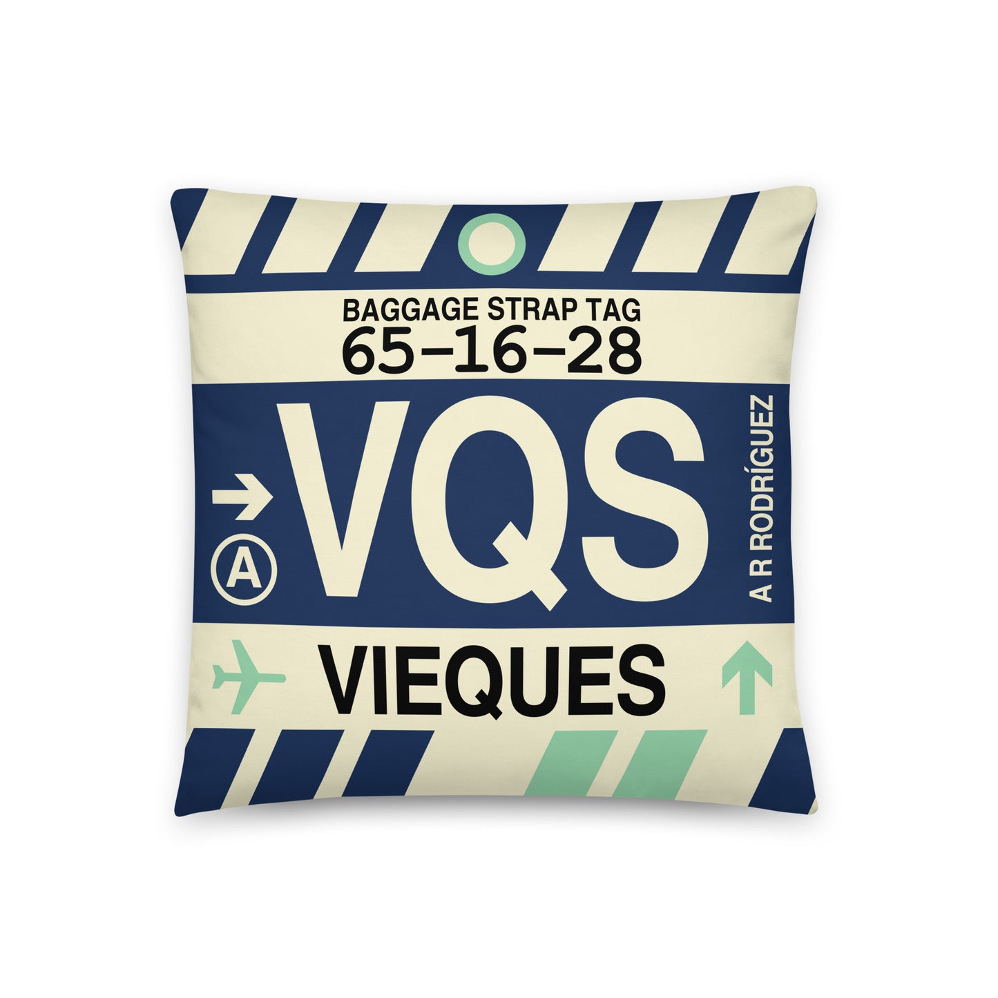 VQS Vieques Throw Pillow • Jet Age Baggage Tag Design • YHM Designs - Image 01