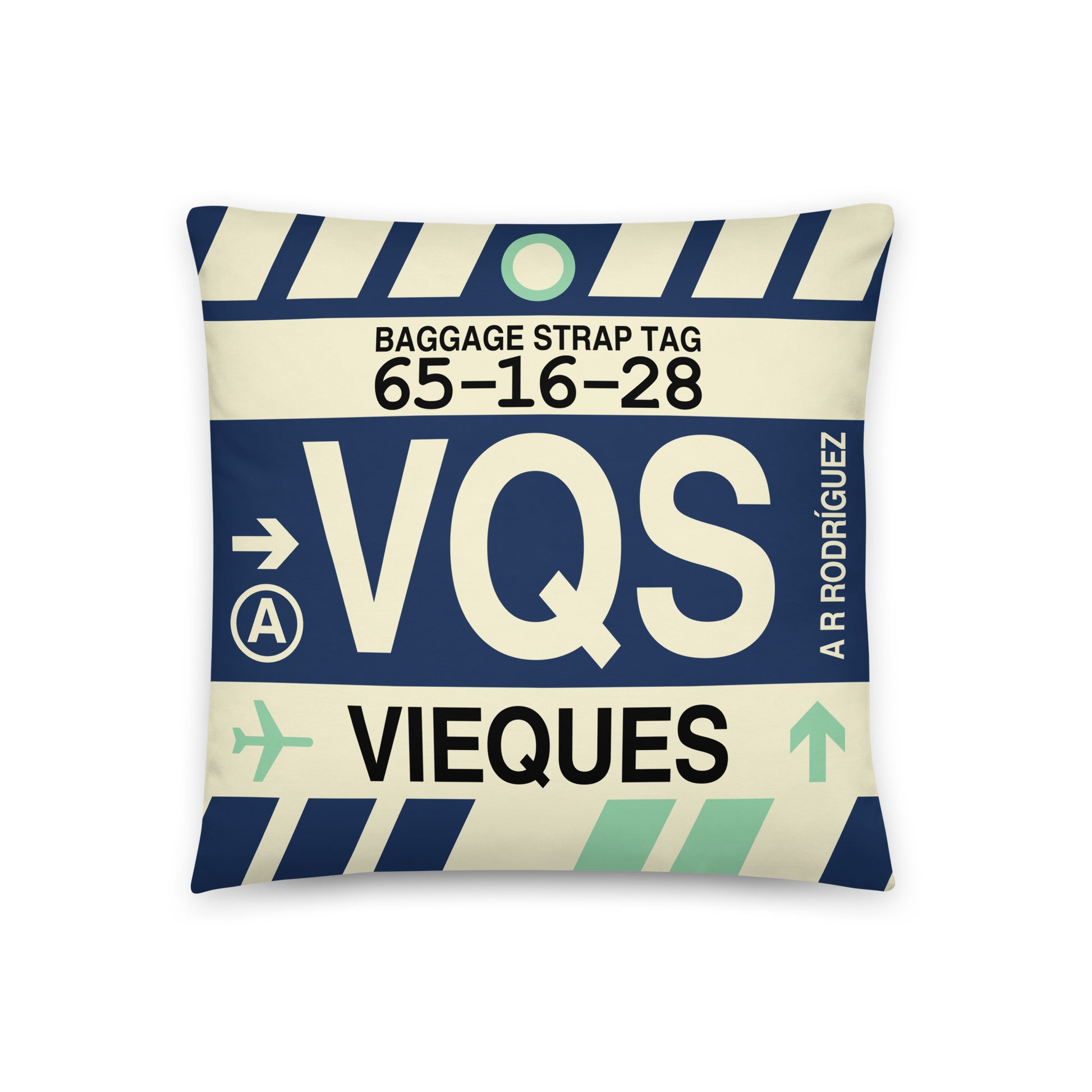VQS Vieques Throw Pillow • Jet Age Baggage Tag Design • YHM Designs - Image 01