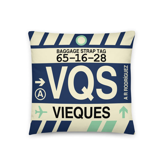 VQS Vieques Throw Pillow • Jet Age Baggage Tag Design • YHM Designs - Image 01