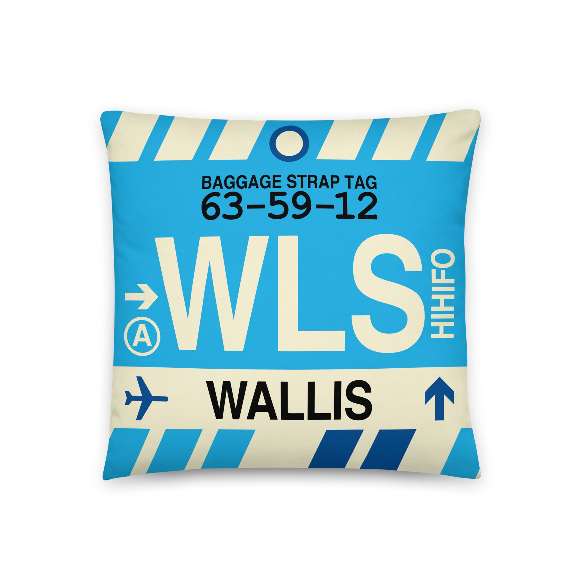 WLS Wallis Island Throw Pillow • Jet Age Baggage Tag Design • YHM Designs - Image 01