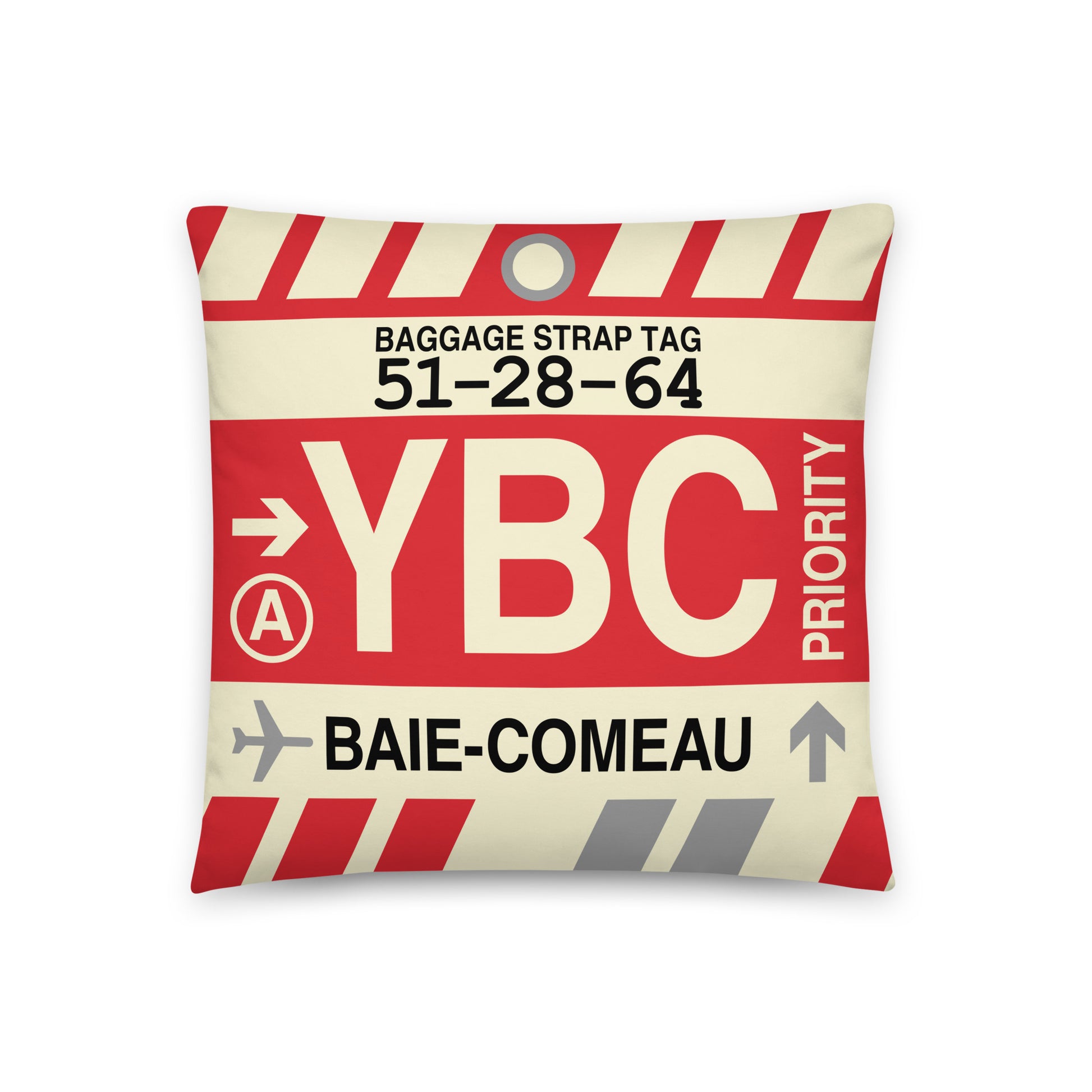 YBC Baie-Comeau Throw Pillow • Jet Age Baggage Tag Design • YHM Designs - Image 01