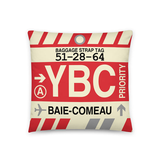 YBC Baie-Comeau Throw Pillow • Jet Age Baggage Tag Design • YHM Designs - Image 01
