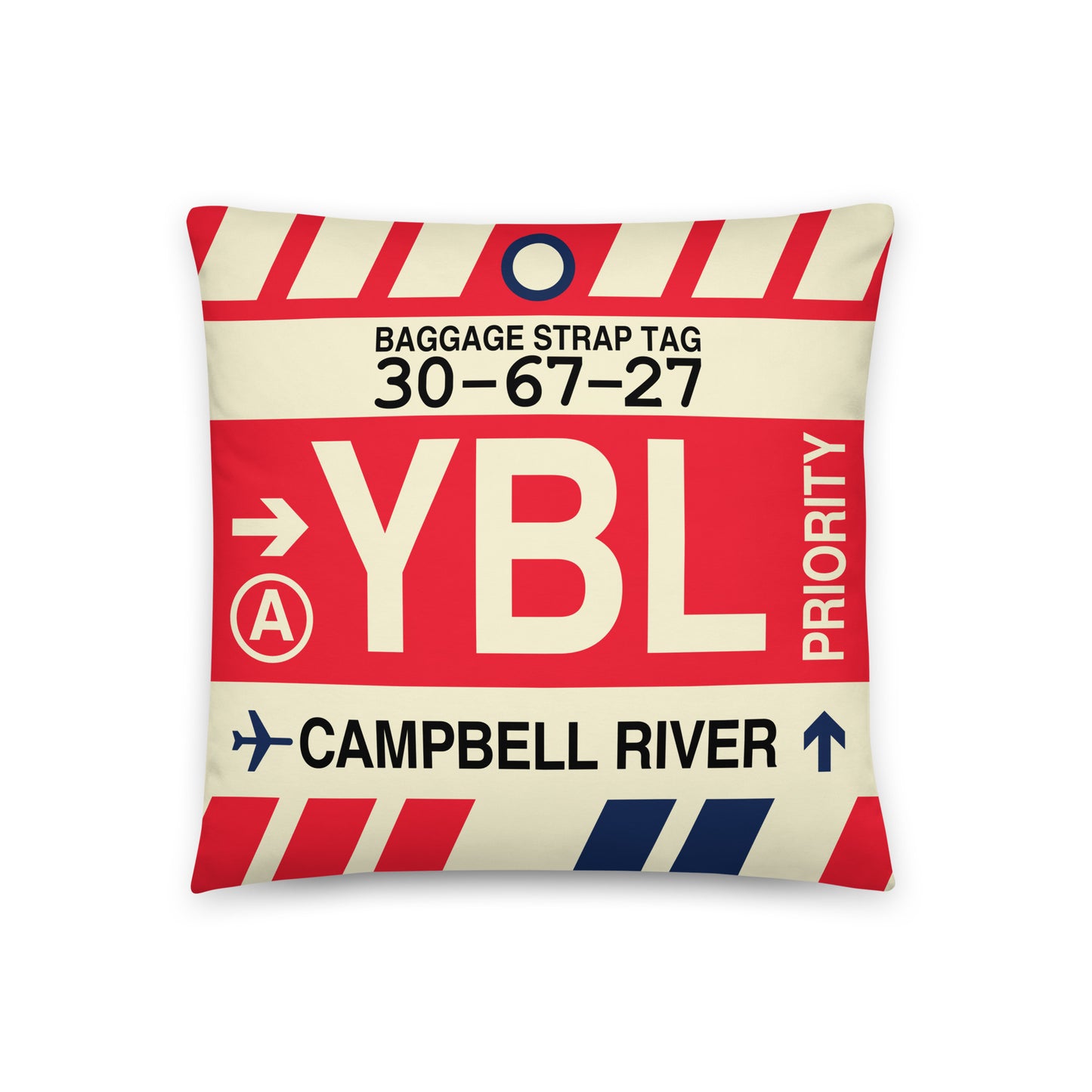 YBL Campbell River Throw Pillow • Jet Age Baggage Tag Design • YHM Designs - Image 01