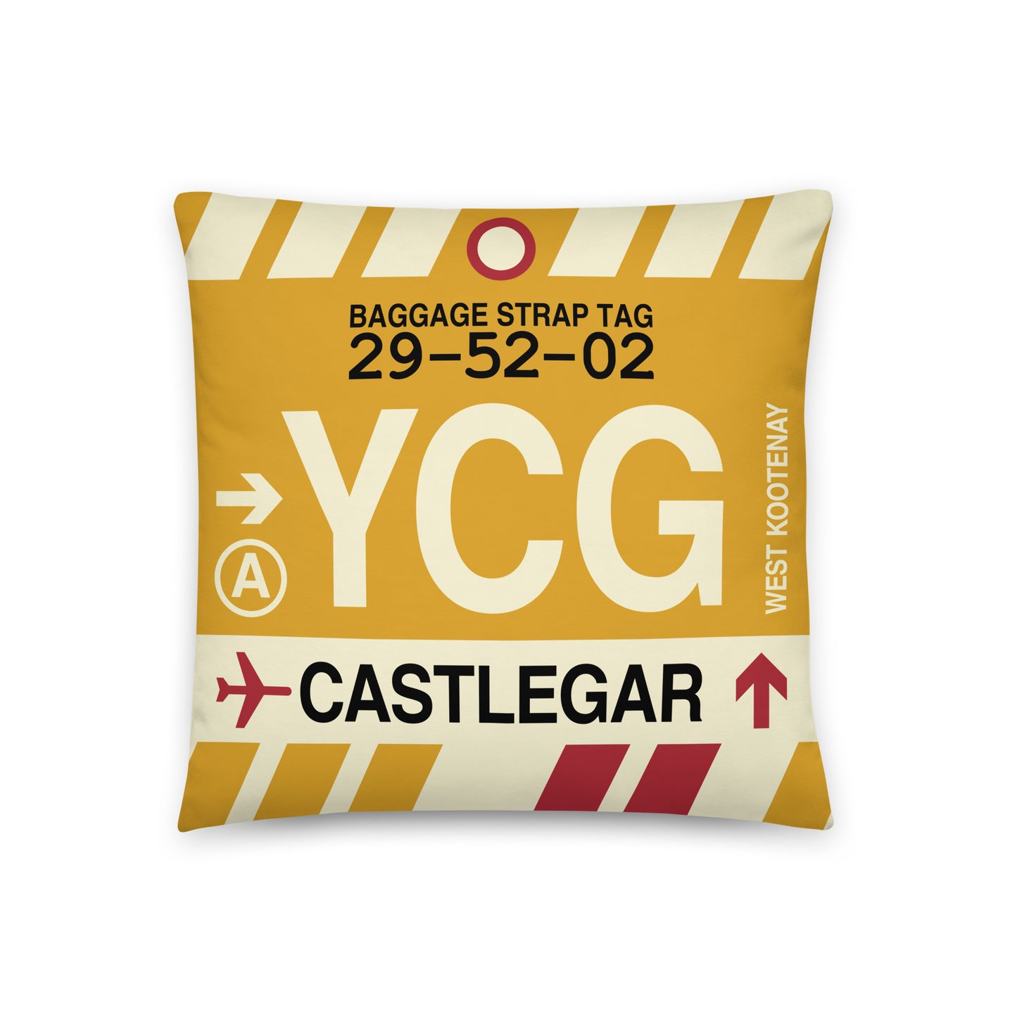 YCG Castlegar Throw Pillow • Jet Age Baggage Tag Design • YHM Designs - Image 01